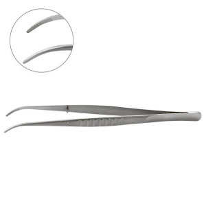 Пинцет хирургический изогнутый без крючка, с зазубренной рабочей частью, размер 165 мм, YDM — фото товара