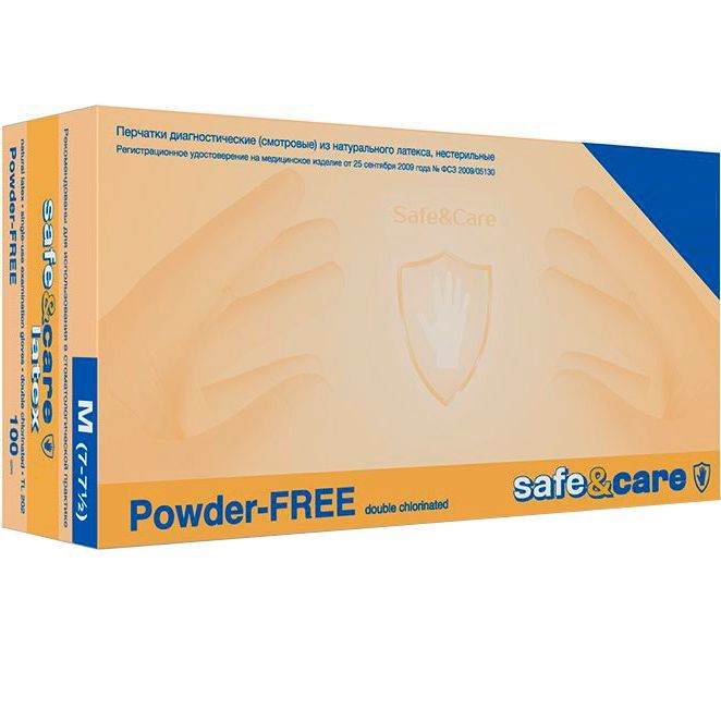 Перчатки Safe&Care, размер M (7-7,5) латексные (100шт.), Sempermed