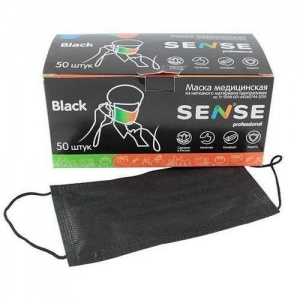 Маски Sense 3-х слойные на резинке, чёрные (50 шт), ООО МАСКА