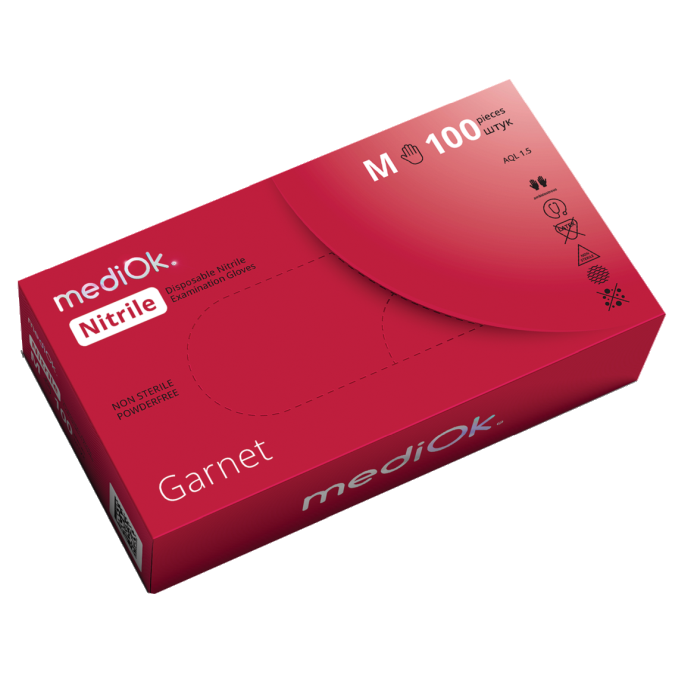 Нитриловые перчатки Garnet, неопудренные, красные, размер M (100шт.), mediOK — фото товара