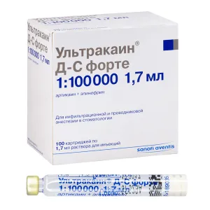 Ультракаин Д-С форте 1:100.000, №100 (картритджи 1.7 мл) - раствор для инъекций (40 мг+0,01 мг)/мл — фото товара