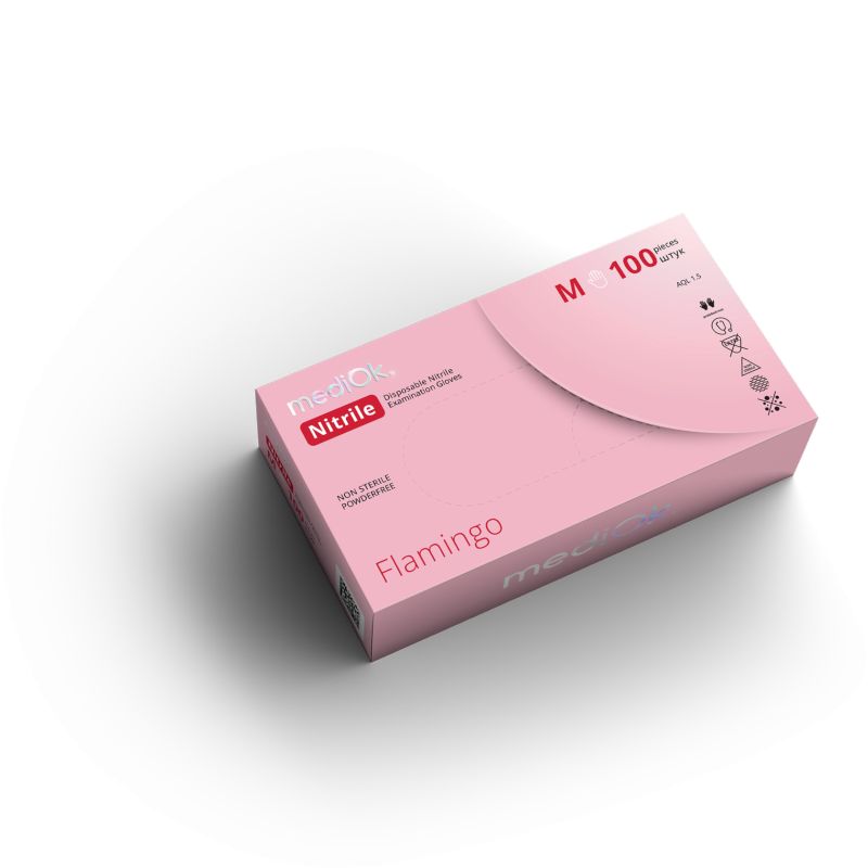 Нитриловые перчатки Flamingo, неопудренные, розовые, размер S, mediOK — фото товара