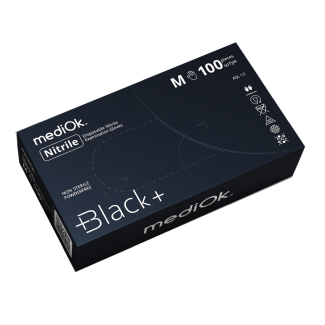 Нитриловые перчатки Black+, неопудренные, черные, размер L (100шт.), mediOK — фото товара