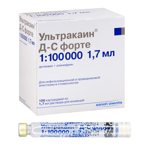 Ультракаин Д-С форте 1:100.000, №100 (картритджи 1.7 мл) - раствор для инъекций (40 мг+0,01 мг)/мл — фото товара
