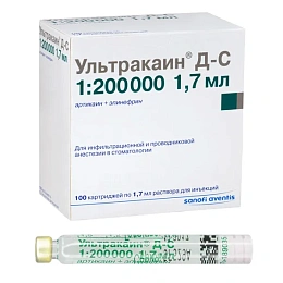 Ультракаин Д-С форте 1:200.000, №100 (картритджи 1.7 мл) - раствор для инъекций (40 мг+0,01 мг)/мл — , фото